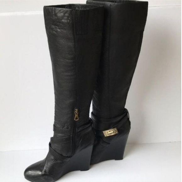BCBGMAXAZRIA Ma-Remy Knee High Black Lamb Leather Wedge Boots Size 8.5 - Picture 2 of 16